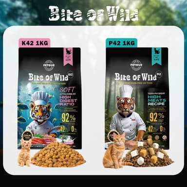 LIVE Bite Of Wild อาหารแมว 1 กก. K42 (Easily Digestible)  Suitable for Pregnant Ccats and Kittens. P42 (Holistic)  Suitable for Cats of all ages. เนื้อหาเนื้อ 92% และโปรตีน 42% ธัญพืช 0%