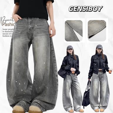 Gensiboy-กางเกงยีนส์ผู้ชายสไตล์อเมริกัน สีเทา ขายาวทรงหลวมๆ ขากว้าง baggy jeans แบบย้อนยุค