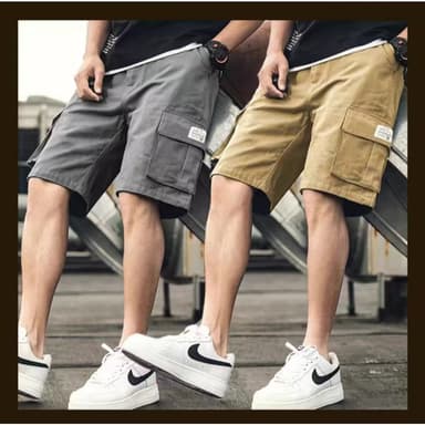 สไตล์เกาหลีที่มีคุณภาพสูงที่ทันสมัยเอวยางยืดกระเป๋าด้านข้างผ้ากางเกงขาสั้นลําลองผู้ชาย