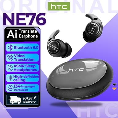 HTC NE76 หูฟังแปลภาษาด้วย AI ฟัง Bluetooth 6.0 รองรับการแปลภาษา 134 ภาษา ระบบตัดเสียงรบกวน หูฟังแบบหนีบหู TWS พร้อมหน้าจอแสดงผล LED ระบบเสียง HiFi Stereo หูฟังไร้สาย
