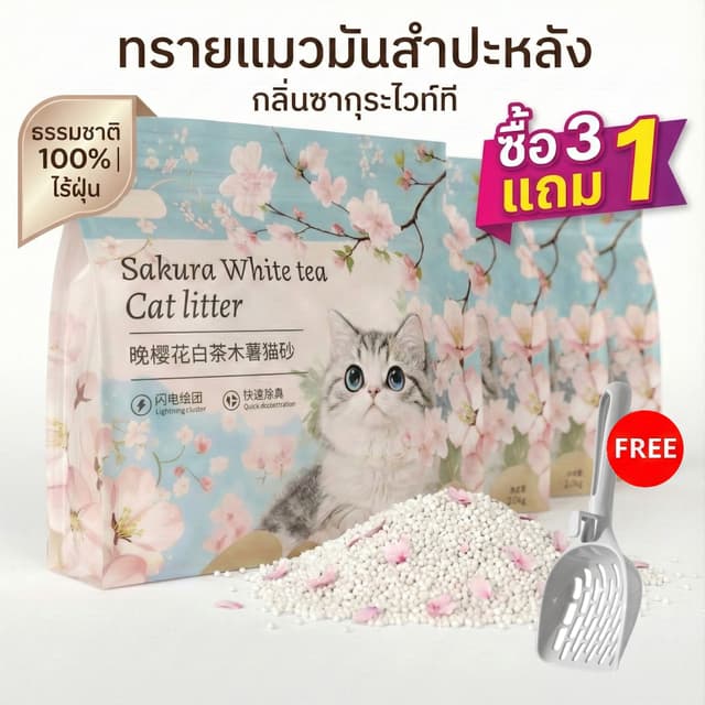 [ซื้อ 3 แถม 1] ทรายแมวมันสำปะหลัง กลิ่นซากุระชาขาว จับตัวเป็