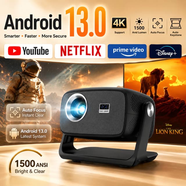 โปรเจคเตอร์ Full HD Android 13.0 ออโต้โฟกัส 360°หมุน ถอดรหัส