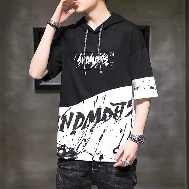 NEW✨เสื้อผู้ชายแขนสั้นมีฮู้ด✨✔ เสื้อแฟชั่นผู้ชายสไตล์เกาหลี(