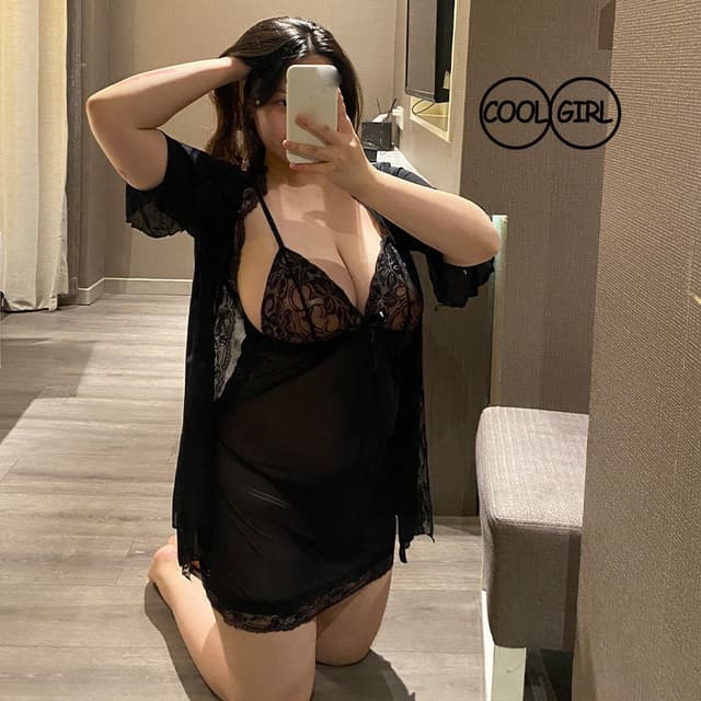 สาวอวบ ชุดเดรสลูกไม้ขนาดบวก ชุดเซ็ท 3 ชิ้น ผู้หญิง ชุดนอนไม่