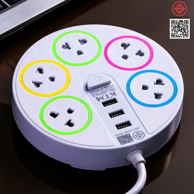 ปลั๊กพ่วง 5/6 ช่อง ปลั๊กไฟทรงกลม 2300W USB 2 ช่อง Type-C 1 ช