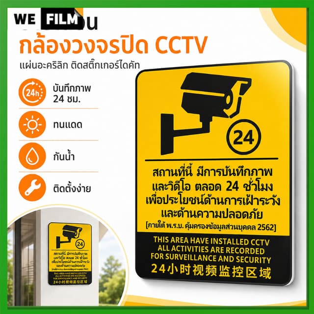 ป้ายเตือนกล้องวงจรปิด CCTV แผ่นอะคริลิก ติดสติ๊กเกอร์ไดคัท บ