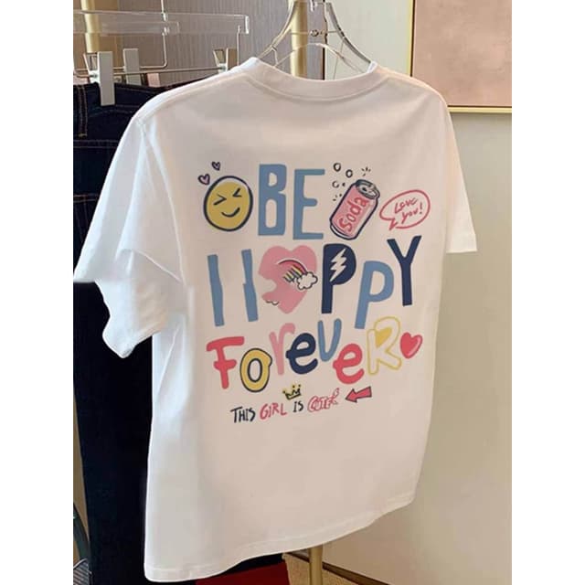 เสื้อยืดแขนสั้นสีขาวคอตตอนแท้สไตล์อเมริกันสำหรับผู้หญิง หลวม