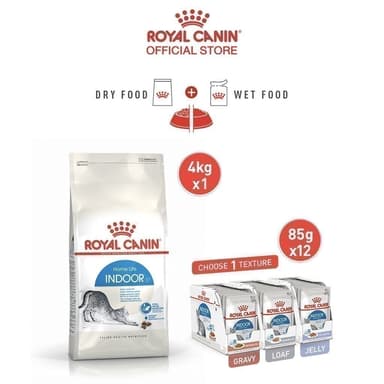 [เซตคู่] Royal Canin Indoor 4kg + Indoor Pouch Gravy 1 กล่อง อาหารเม็ด+เปียกแมวโต เลี้ยงในบ้าน (เกรวี่,โรยัล คานิน)