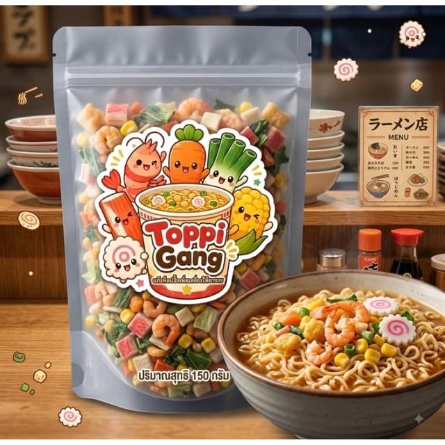 ท๊อปปิ้งมาม่า Toppi gang 150g กุ้งเบา ผักอบกรอบ นารูโตะ ปูอั