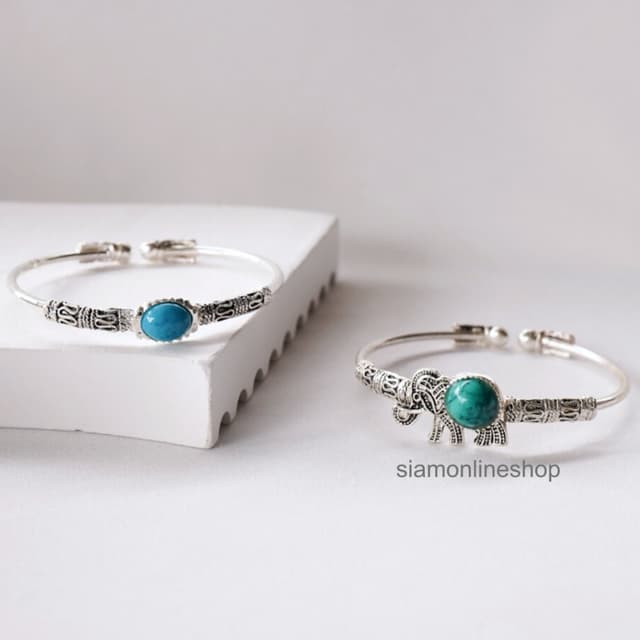 Siamonlineshop กำไลสเตนเลส ชุบเงิน ประดับหินเทอร์ควอยซ์ มีให