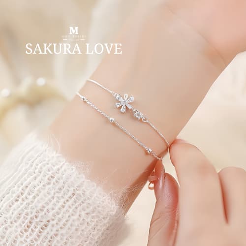 MEET💕กำไลเงิน Sakura Love กำไลเงินแท้ สร้อยข้อมือปรับได้ กำ