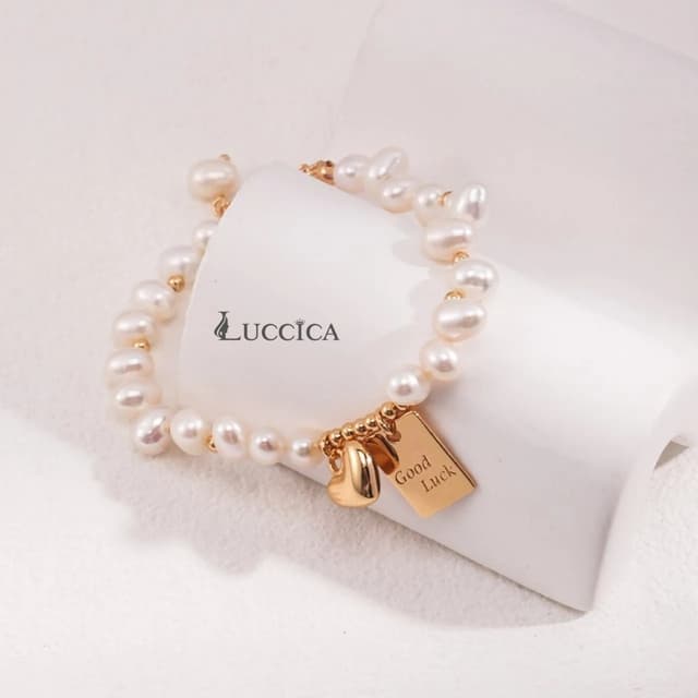 Luccica-สร้อยข้อมือเงินแท้ มุกน้ำจืดธรรมชาติ ทรงหัวใจสี่เหลี
