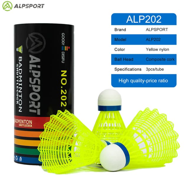 ALPSPORT 202 ไม้แบดมินตันไนลอน 3 ไม้/1 ถัง สีเหลืองสดใส ดีไซ