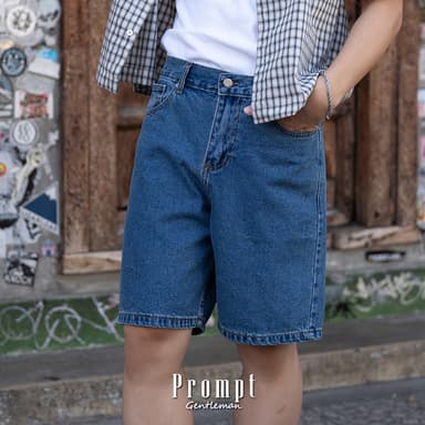 กางเกงยีนส์ขาสั้นผู้ชาย Prompt Baggy Bermuda ขากว้าง ไม่บาน สียีนส์ฟอกกลาง เอว28-36" ยีนส์ขาสั้น