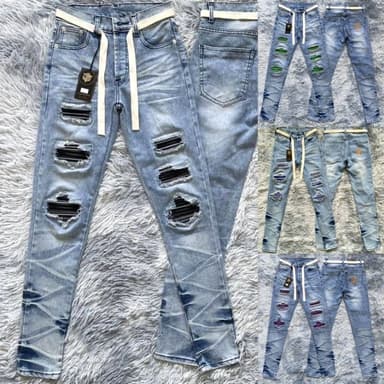 กางเกงยีนส์ฟอกขายาวแต่งแถบหนัง  โปรแถมเชือกฟรี พร้อมส่ง !!!!!