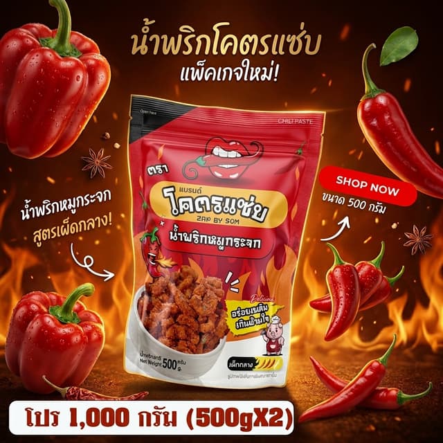 ⭐พร้อมส่ง⭐น้ำพริกหมูกระจกโคตรแซ่บ ขนาดหนึ่งกิโล (1000g) น้ำพ