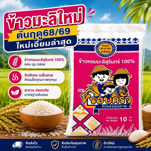 ข้าวหอมมะลิสุรินทร์ ( 10 กิโล) ข้าวใหม่ สีสด กลิ่นหอม อ่อนนุ