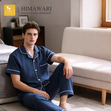 HIMAWARI丨ชุดนอนผู้ชาย ชุดนอนผ้าฝ้าย เเขนสั้น+ขายาว ใส่สบาย ไม่ร้อน ไม่อึดอัด Unisex