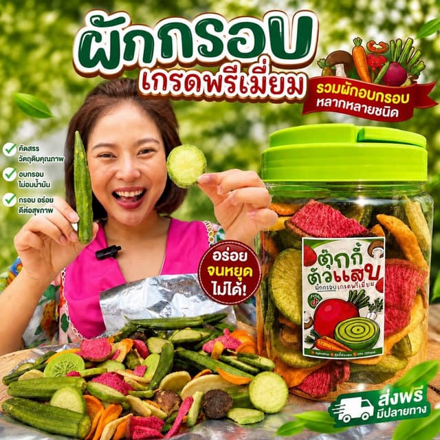 (มาใหม่)ผักกรอบคลุกผง ถัง350g. ตุ๊กกี้ตัวแสบ ผักกรอบเจ้าดัง 