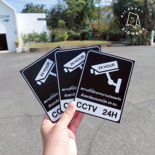ป้ายกล้องวงจรปิด CCTV  24H  สีดำ ป้ายพลาสวูดติดสติ๊กเกอร์เคล