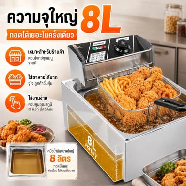 หม้อทอดไฟฟ้า 8 ลิตร 2500W หม้อทอดสแตนเลส ปรับอุณหภูมิ 60-200°C สำหรับร้านอาหาร ทอดไก่ เฟรนช์ฟรายส์ ปาท่องโก๋