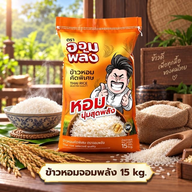 ข้าวหอมมะลิพันธ์ุพื้นบ้านจังหวัดกาญจนบุรี ตรา จอมพลัง 15 kg 