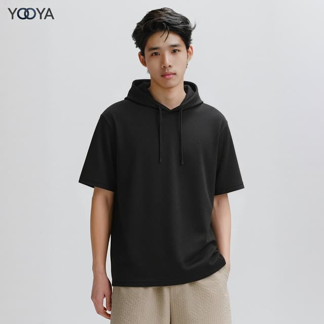 YOOYA เสื้อhoodedแขนสั้นแฟชั่นสไตล์เกาหลี มินิมอล ไม่จำกัดเพ