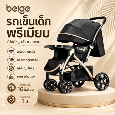 Beige รถเข็นเด็ก🔥🔥🔥  พับง่าย นั่งสบาย มีถาดหน้า หลังคากว้าง ล้อใหญ่ เข็นนุ่ม เหมาะสำหรับทุกวัน