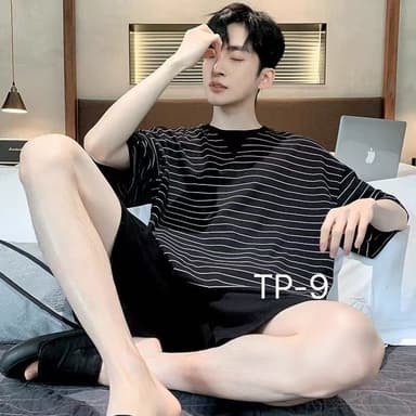 ใหม่/#TP-พร้อมส่ง ชุดนอนผู้ชาย ผ้ายืด ผ้านิ่ม เเขนสั้น+ขาสั้น พิมลาย