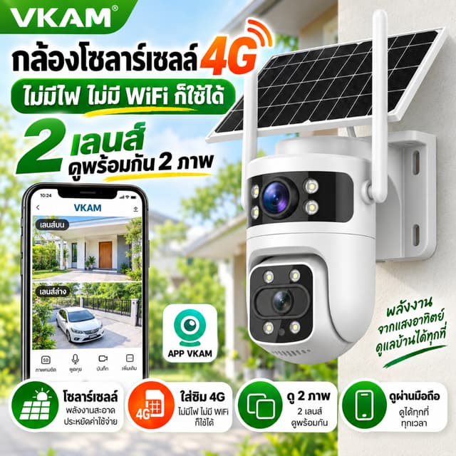 กล้องวงจรปิดโซล่าเซลล์ 4G ใส่ซิม กล้องใส่ซิม AOV ดูได้ 2 ภาพ