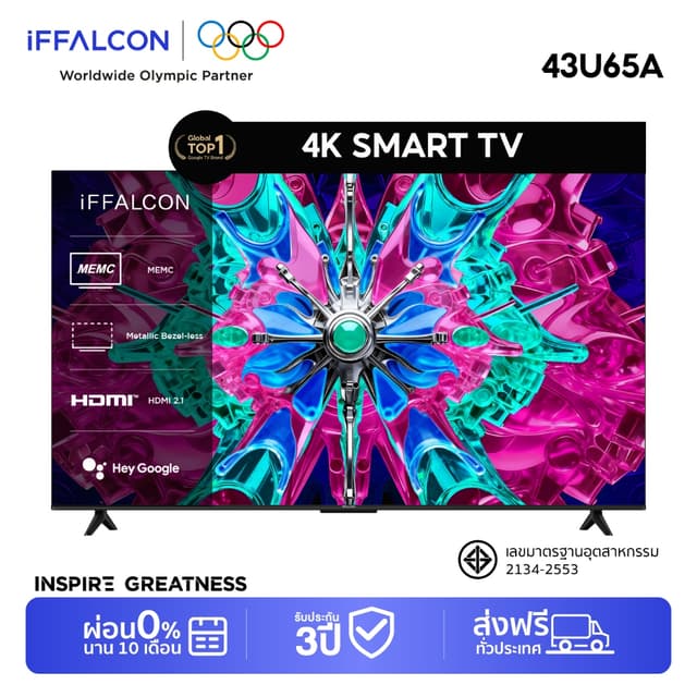 iFFALCON ทีวี 43 นิ้ว 4K Google TV รุ่น 43U65A HVA Panel 4K 