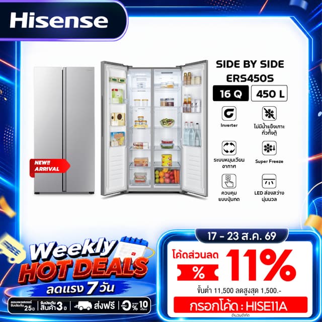 Hisense ตู้เย็น 2 ประตู Side By Side :16Q/450 ลิตร รุ่น ERS4