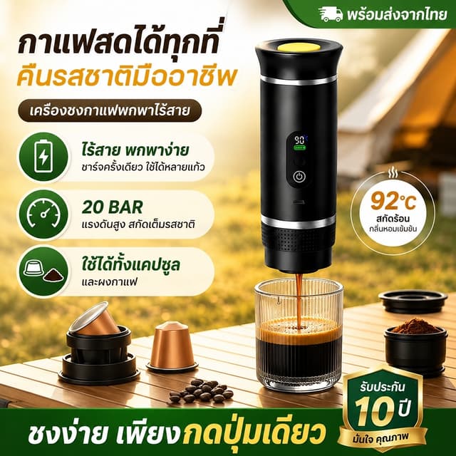 🔥สกัดแรงดันสูง🔥เครื่องชงกาแฟพกพา ทำงานไร้สาย ชงได้ทั้งแคปซ