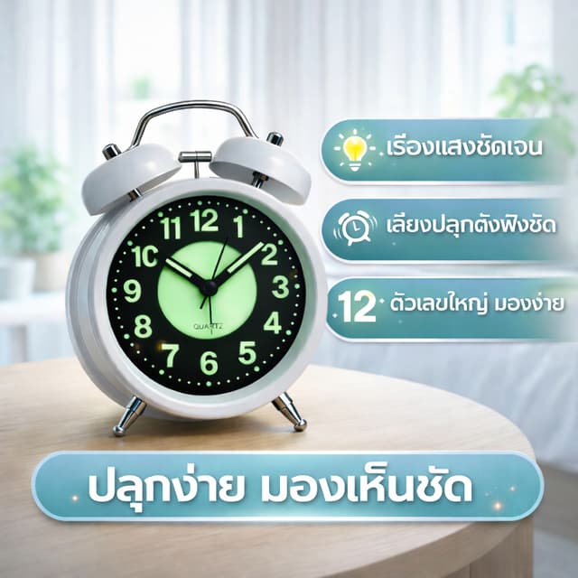 นาฬิกาปลุกตั้งโต๊ะ คลาสสิกวินเทจ มีเสียงกระดิ่ง ไฟส่องสว่าง 