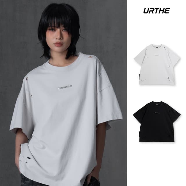 URTHE - เสื้อยืด แต่งขาด Oversize รุ่น STIMULANTS FADED TEE