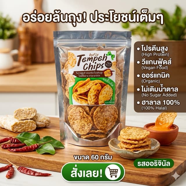 เทมเป้กรอบโปรตีนสูง 60กรัม(ฮาลาล) tempeh chips อร่อยได้ประโย