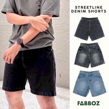 FABBOZ STREETLINE Denim Shorts กางเกงขาสั้นยีนส์ฟอกสีดำสุดฮิต  ทรง Straight/Relaxed เหนือเข่า