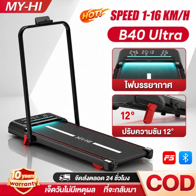 ลู่วิ่งไฟฟ้า B40 16KM/H ลู่วิ่งไฟฟ้าพับเก็บได้ Fitshow APP เ