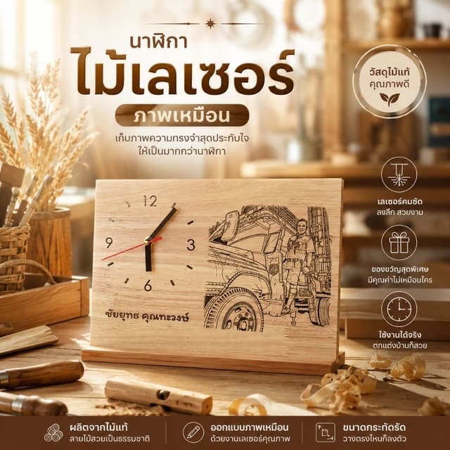 นาฬิกาไม้สลักรูปเหมือนแบบตั้งโต๊ะ